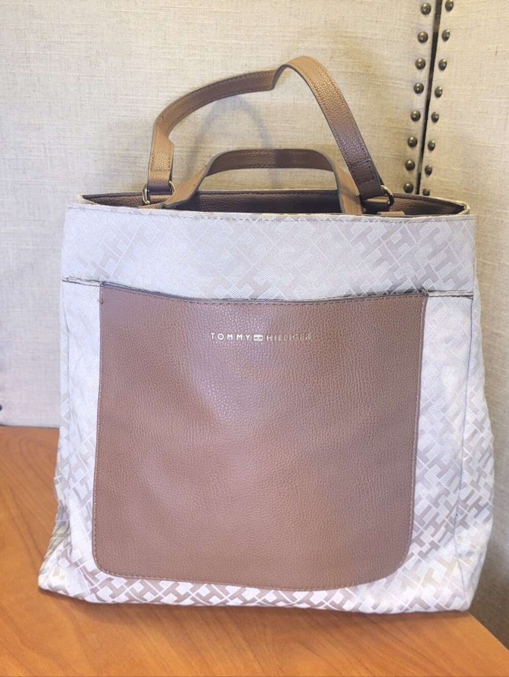 Tommy Hilfiger Cream and Taupe Tote with Front Pocket